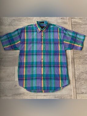 Vintage Eddie Bauer Superior Madras Plaid Cotton Button-Down Shirt Men L Pockets